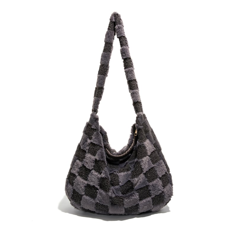 Haonna pūkaina tote soma ar horizontālu kvadrātformu un rāvējslēdzēja aizvēršanu