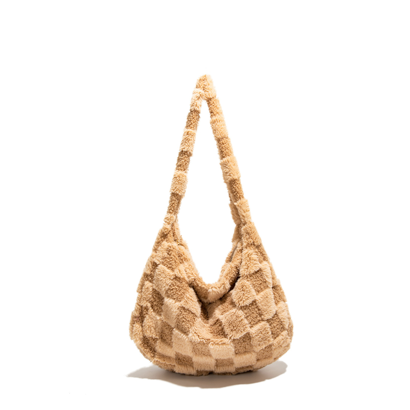 Haonna pūkaina tote soma ar horizontālu kvadrātformu un rāvējslēdzēja aizvēršanu