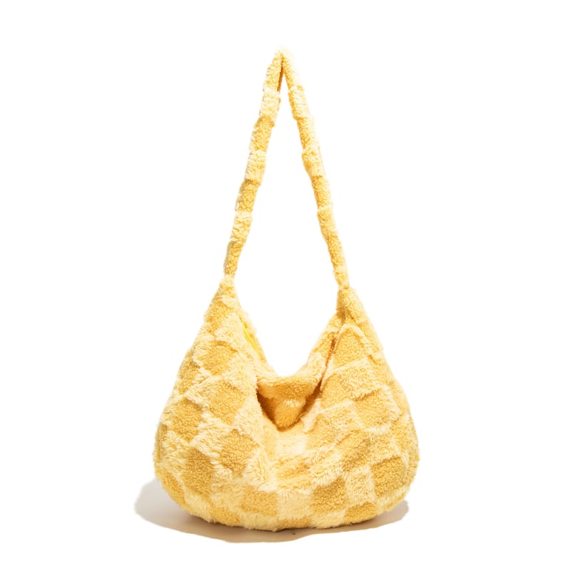 Haonna pūkaina tote soma ar horizontālu kvadrātformu un rāvējslēdzēja aizvēršanu