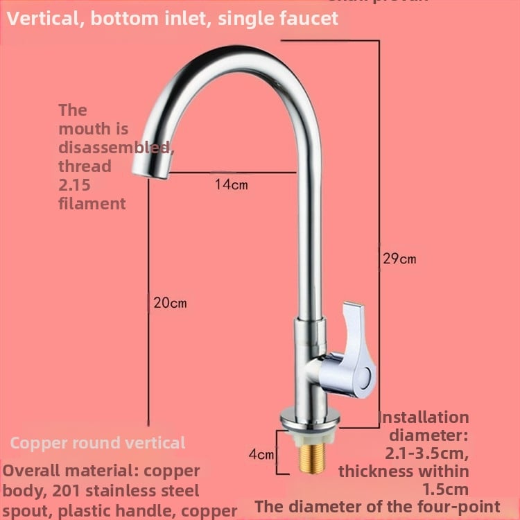 Virtuvės plautuvės čiaupas - sieninis montavimas, tik šaltas vanduo, vertikalus sukimas; varinis korpusas, varinis vožtuvo šerdis, 20 mm vožtuvo lizdas