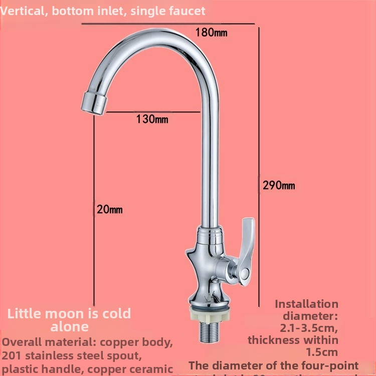 Virtuvės plautuvės čiaupas - sieninis montavimas, tik šaltas vanduo, vertikalus sukimas; varinis korpusas, varinis vožtuvo šerdis, 20 mm vožtuvo lizdas