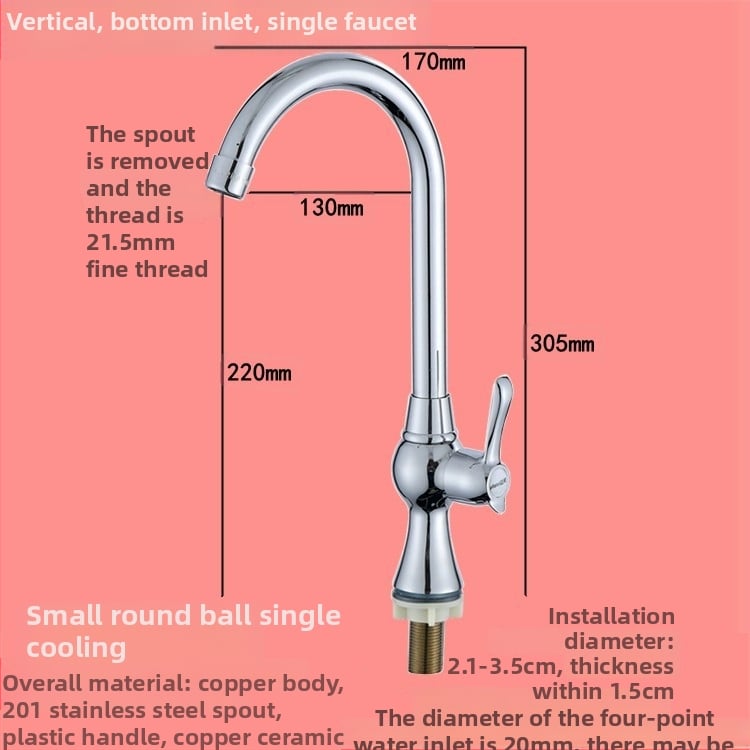 Virtuvės plautuvės čiaupas - sieninis montavimas, tik šaltas vanduo, vertikalus sukimas; varinis korpusas, varinis vožtuvo šerdis, 20 mm vožtuvo lizdas