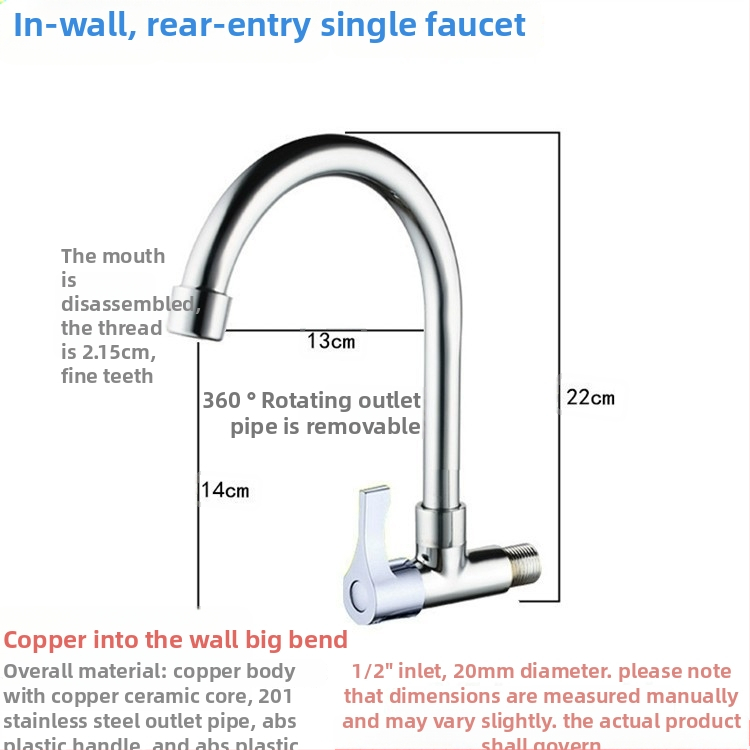 Virtuvės plautuvės čiaupas - sieninis montavimas, tik šaltas vanduo, vertikalus sukimas; varinis korpusas, varinis vožtuvo šerdis, 20 mm vožtuvo lizdas