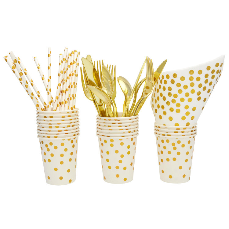 Ühekordne paberist lauatarvikute komplekt – ümmargused taldrikud, tassid, nuga, kahvlid ja lusikad restoranidele ja hotellidele (paber, biolagunev)