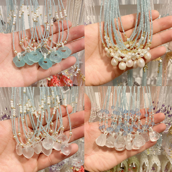 Kristályból készült nyakék édesvízi gyöngy medállal, kézzel készített, geometriai dizájn