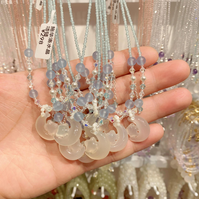 Kristályból készült nyakék édesvízi gyöngy medállal, kézzel készített, geometriai dizájn