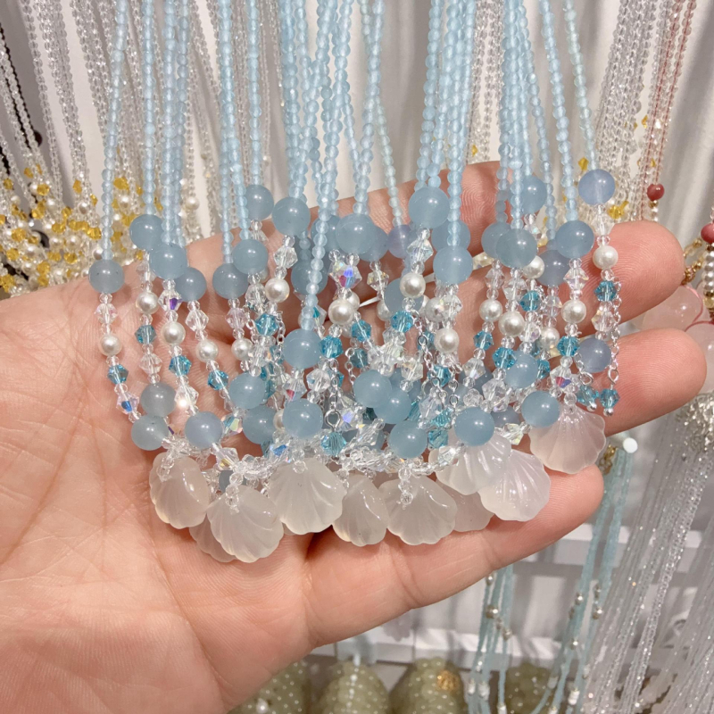 Kristályból készült nyakék édesvízi gyöngy medállal, kézzel készített, geometriai dizájn