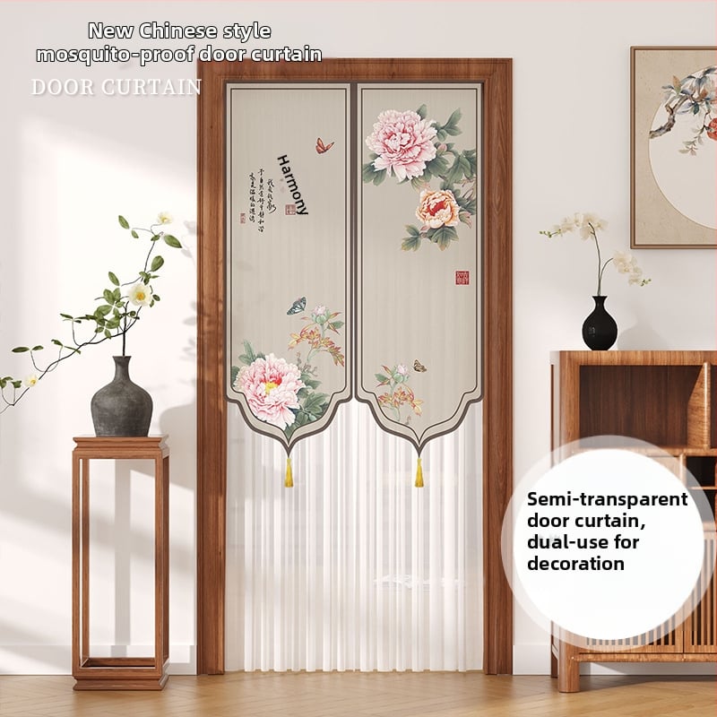 Ajtófüggöny rovarmentesítéssel, poliészter anyagból, csipke-tüll, otthon, hálószoba és bejárat számára — Új kínai stílus (2025 ősz)