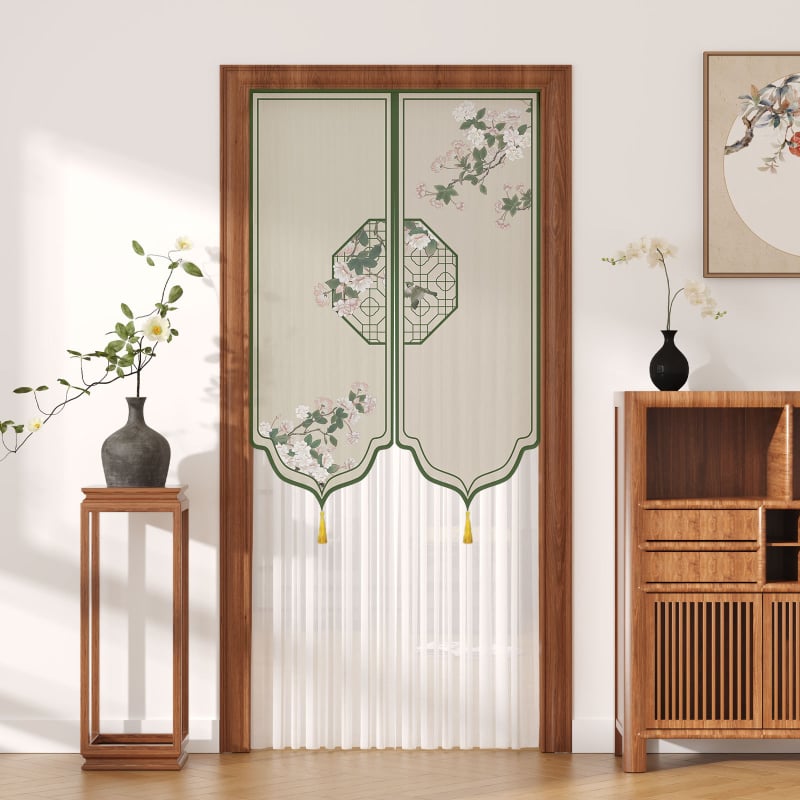 Ajtófüggöny rovarmentesítéssel, poliészter anyagból, csipke-tüll, otthon, hálószoba és bejárat számára — Új kínai stílus (2025 ősz)