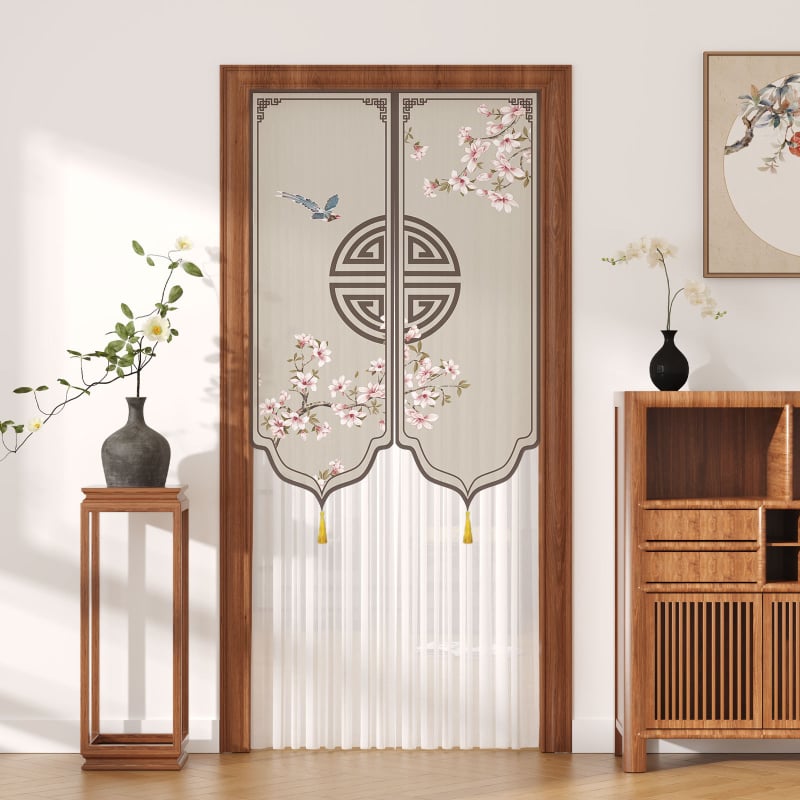 Ajtófüggöny rovarmentesítéssel, poliészter anyagból, csipke-tüll, otthon, hálószoba és bejárat számára — Új kínai stílus (2025 ősz)