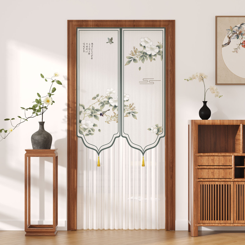 Ajtófüggöny rovarmentesítéssel, poliészter anyagból, csipke-tüll, otthon, hálószoba és bejárat számára — Új kínai stílus (2025 ősz)