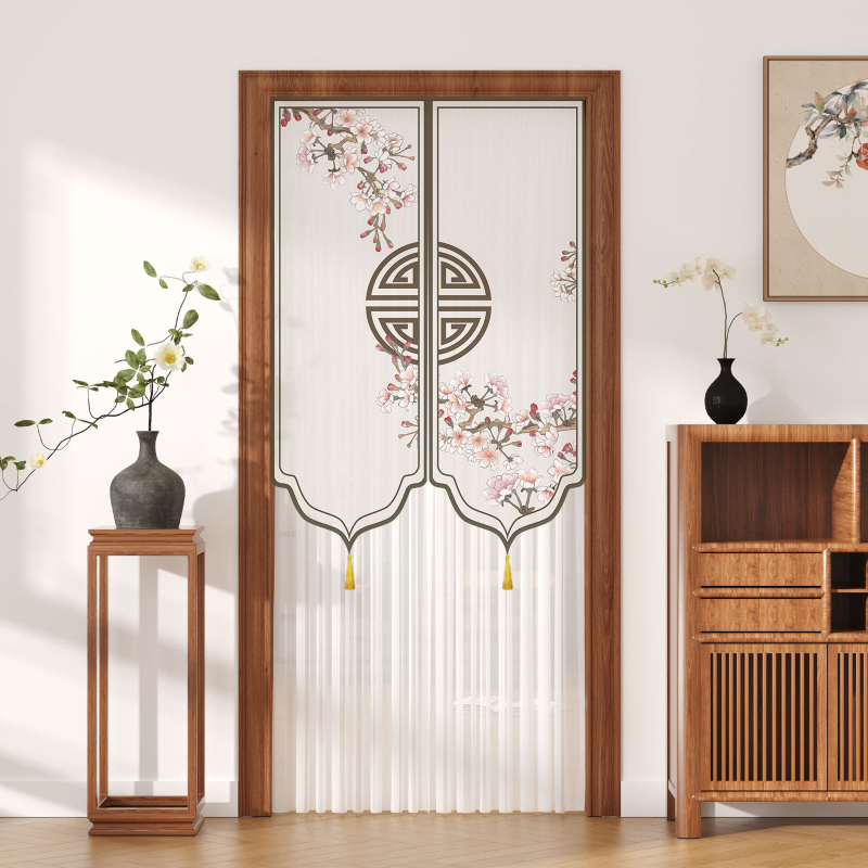 Ajtófüggöny rovarmentesítéssel, poliészter anyagból, csipke-tüll, otthon, hálószoba és bejárat számára — Új kínai stílus (2025 ősz)