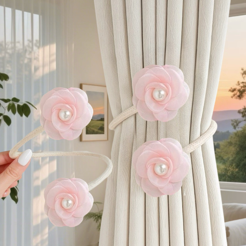 Mágneses csattal ellátott függönykötés — virágos géz függönyhurok, polieterszálból, modern dekoratív kiegészítő, testreszabható