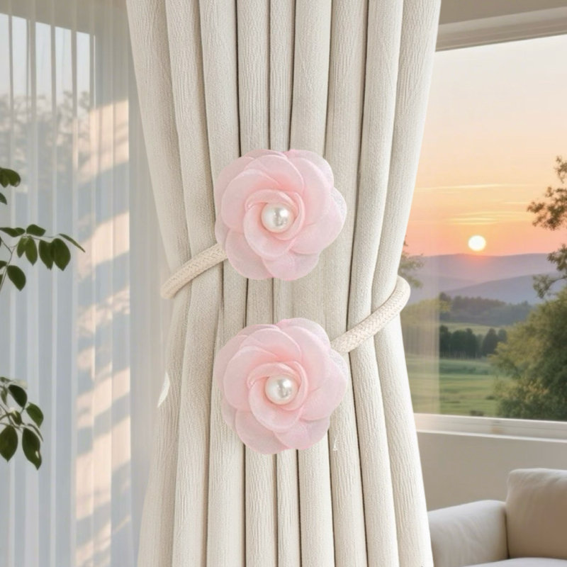 Mágneses csattal ellátott függönykötés — virágos géz függönyhurok, polieterszálból, modern dekoratív kiegészítő, testreszabható