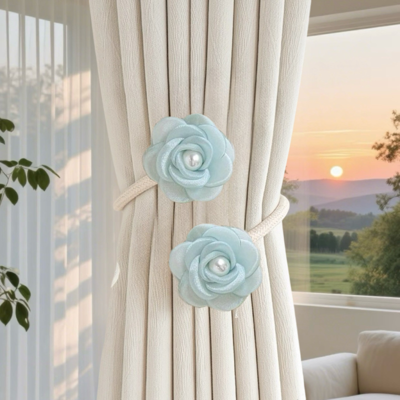 Mágneses csattal ellátott függönykötés — virágos géz függönyhurok, polieterszálból, modern dekoratív kiegészítő, testreszabható