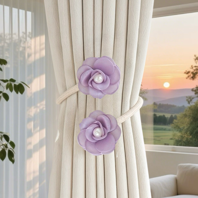 Mágneses csattal ellátott függönykötés — virágos géz függönyhurok, polieterszálból, modern dekoratív kiegészítő, testreszabható
