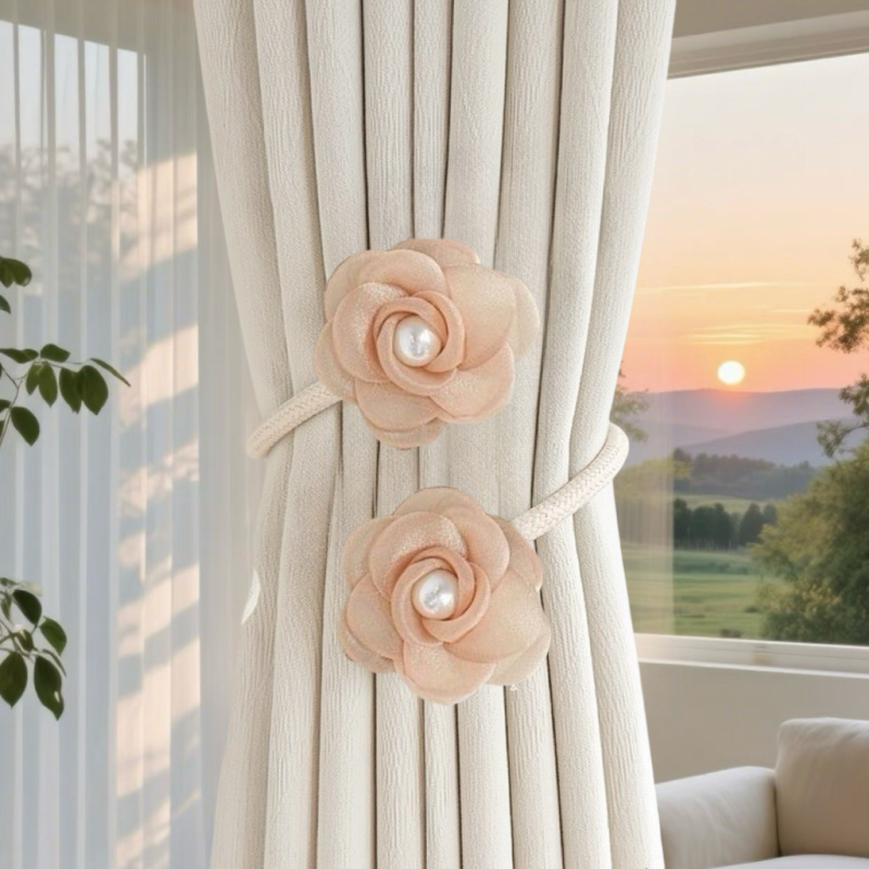 Mágneses csattal ellátott függönykötés — virágos géz függönyhurok, polieterszálból, modern dekoratív kiegészítő, testreszabható
