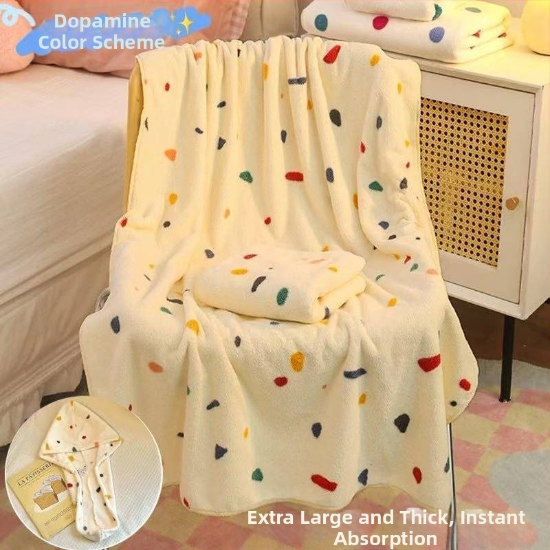 Πετσέτα μπάνιου με καπελάκι για στεγνώμα μαλλιών, πουά μοτίβο, φλίς κοραλλί, γρήγορο στέγνωμα, 150D