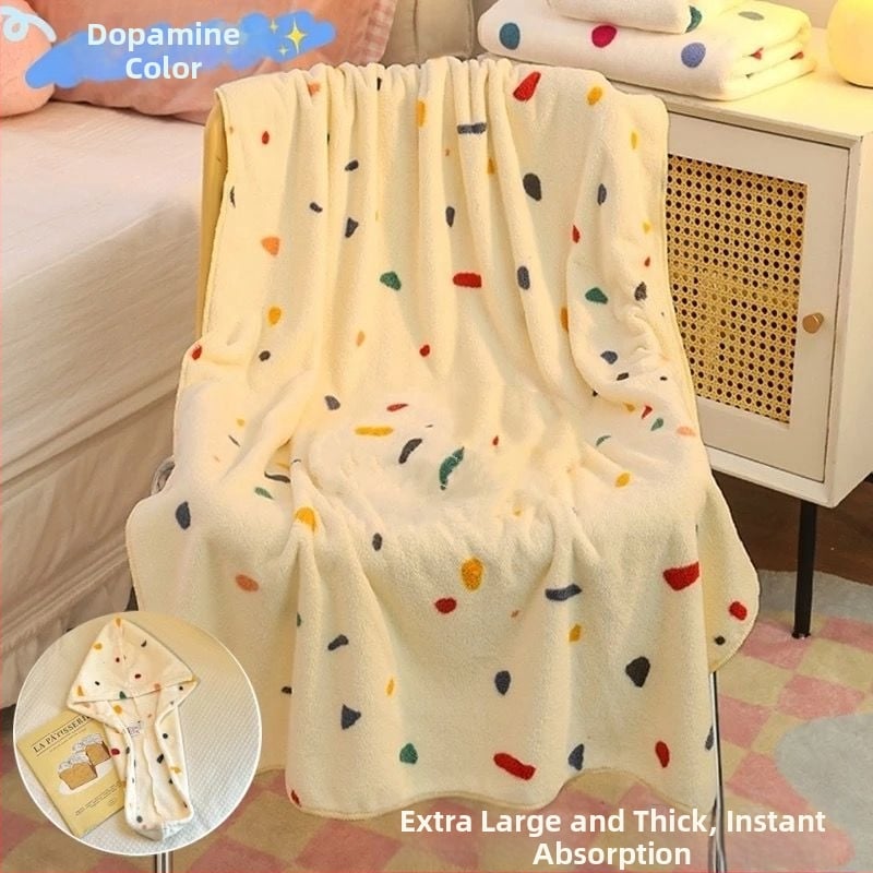 Πετσέτα μπάνιου με καπελάκι για στεγνώμα μαλλιών, πουά μοτίβο, φλίς κοραλλί, γρήγορο στέγνωμα, 150D