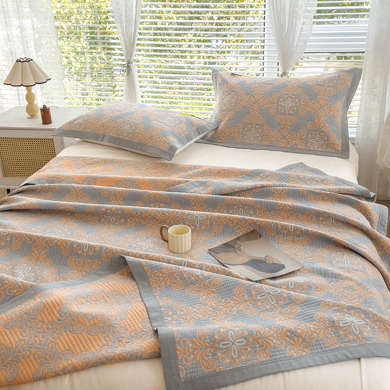 Trys dalių patalynės komplektas iš 100% medvilnės su trim sluoksnių gauze pledu, retro gėlių raštas, tinkamas visoms sezonoms, svoris 1500–1999 g