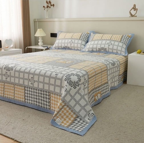 Три части комплект за спалня от чист памучен газова тъкан — покривало за легло, завивка и чаршаф; жакардова тъкан; 100% памук за плат и напълване; реактивно печатане