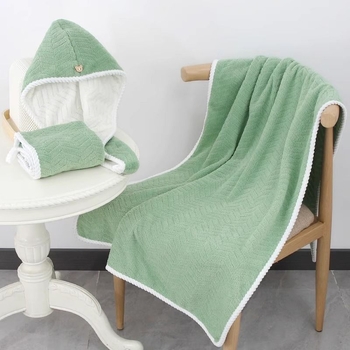 Σετ τριών πετσέτων μπάνιου με καπέλο στεγνώματος μαλλιών - φλις κοραλλιών, 350 γρ., γρήγορο στέγνωμα, υψηλή απορροφητικότητα, χωρίς αποκολλήσεις ινών