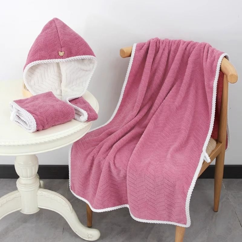 Σετ τριών πετσέτων μπάνιου με καπέλο στεγνώματος μαλλιών - φλις κοραλλιών, 350 γρ., γρήγορο στέγνωμα, υψηλή απορροφητικότητα, χωρίς αποκολλήσεις ινών