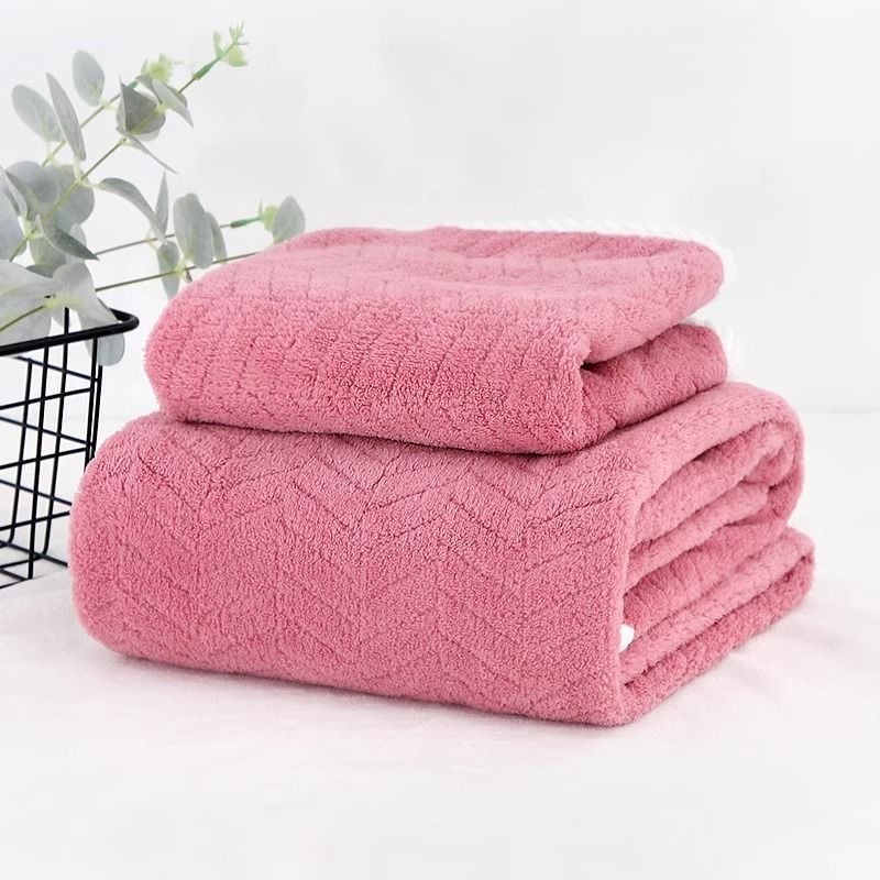 Σετ τριών πετσέτων μπάνιου με καπέλο στεγνώματος μαλλιών - φλις κοραλλιών, 350 γρ., γρήγορο στέγνωμα, υψηλή απορροφητικότητα, χωρίς αποκολλήσεις ινών