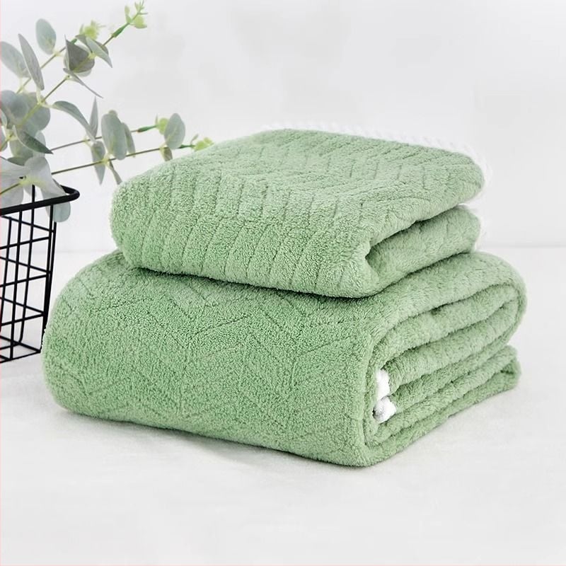 Σετ τριών πετσέτων μπάνιου με καπέλο στεγνώματος μαλλιών - φλις κοραλλιών, 350 γρ., γρήγορο στέγνωμα, υψηλή απορροφητικότητα, χωρίς αποκολλήσεις ινών