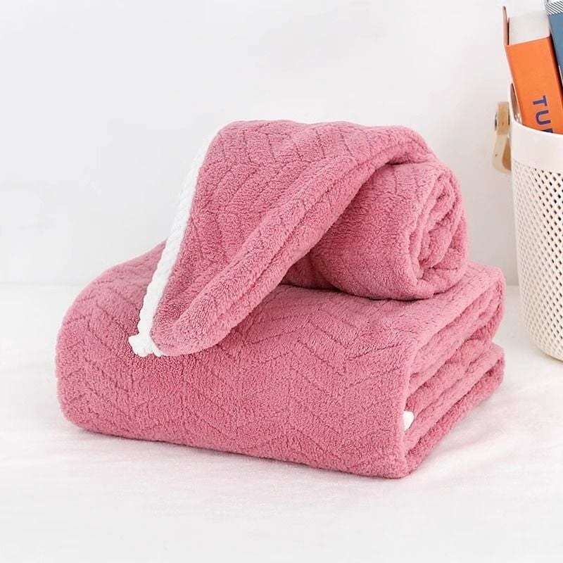 Σετ τριών πετσέτων μπάνιου με καπέλο στεγνώματος μαλλιών - φλις κοραλλιών, 350 γρ., γρήγορο στέγνωμα, υψηλή απορροφητικότητα, χωρίς αποκολλήσεις ινών