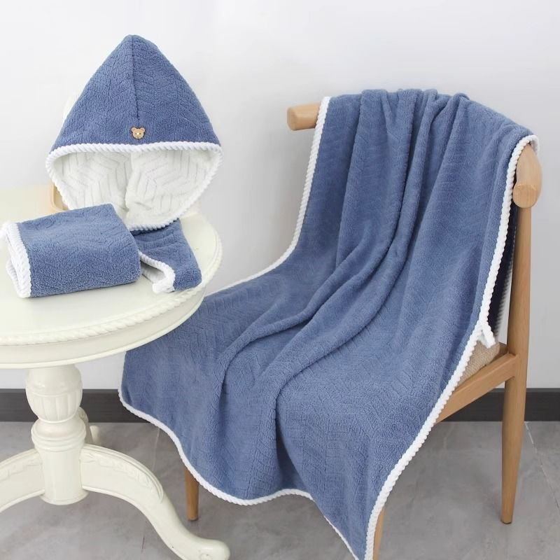 Σετ τριών πετσέτων μπάνιου με καπέλο στεγνώματος μαλλιών - φλις κοραλλιών, 350 γρ., γρήγορο στέγνωμα, υψηλή απορροφητικότητα, χωρίς αποκολλήσεις ινών