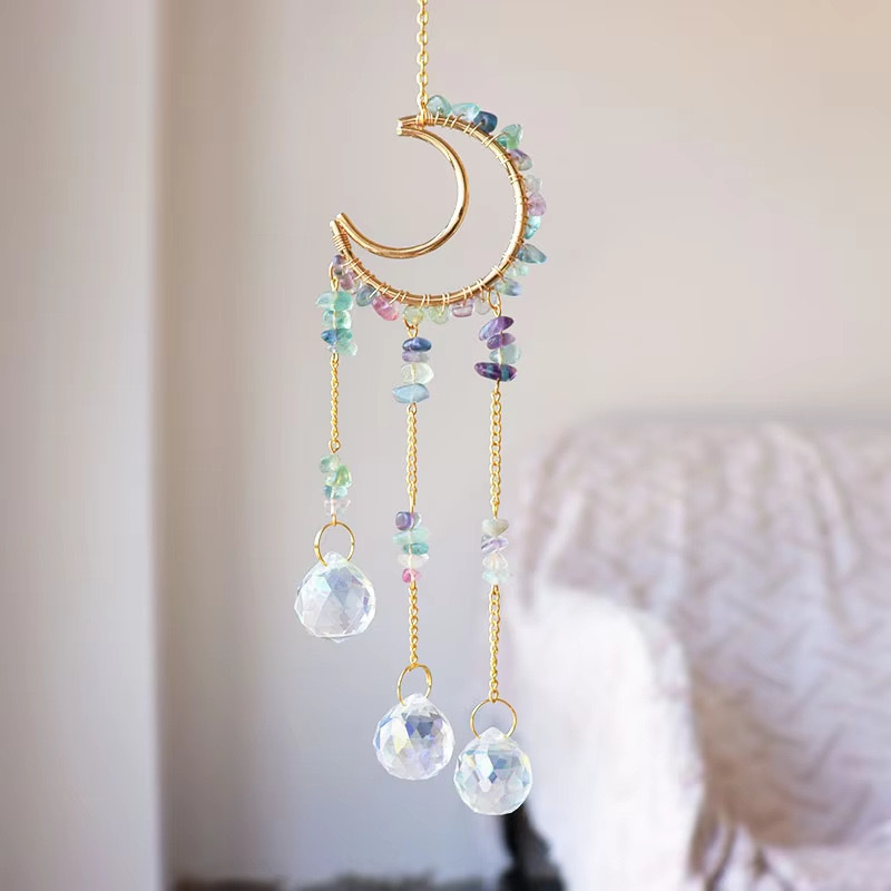 Kristályhold szélharang medál, kristály durva kő, kínai stílus, egyedi csomagolás