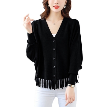 Ζακετάκι πλεκτό με μανίκια τύπου μπατ, V-λαιμό, πλεκτό ύφασμα, βισκόζη 50–70% και πολυεστέρας <30%, κοντό μήκος 40–50 cm