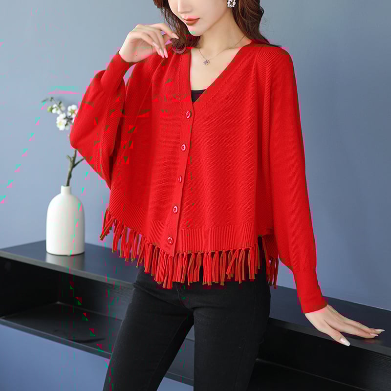 Ζακετάκι πλεκτό με μανίκια τύπου μπατ, V-λαιμό, πλεκτό ύφασμα, βισκόζη 50–70% και πολυεστέρας <30%, κοντό μήκος 40–50 cm