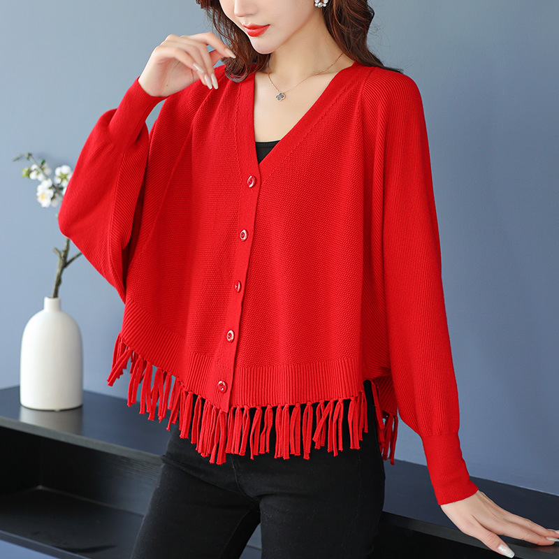 Ζακετάκι πλεκτό με μανίκια τύπου μπατ, V-λαιμό, πλεκτό ύφασμα, βισκόζη 50–70% και πολυεστέρας <30%, κοντό μήκος 40–50 cm