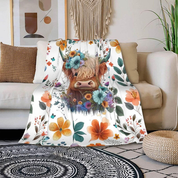 Highland tehén témájú flanel pléd, Cartoon mintázat, Tavasz–Ősz, 2–4% zsugorodás