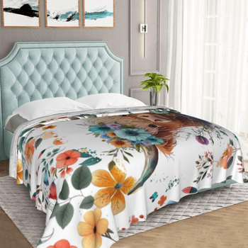 Highland tehén témájú flanel pléd, Cartoon mintázat, Tavasz–Ősz, 2–4% zsugorodás