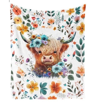 Highland tehén témájú flanel pléd, Cartoon mintázat, Tavasz–Ősz, 2–4% zsugorodás