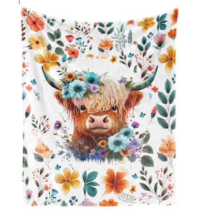 Highland tehén témájú flanel pléd, Cartoon mintázat, Tavasz–Ősz, 2–4% zsugorodás