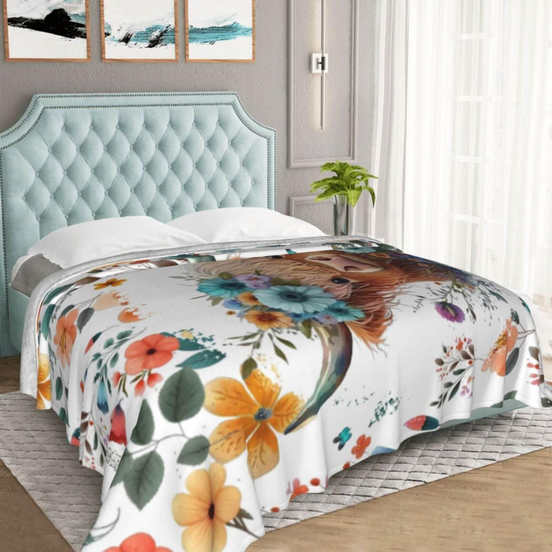 Highland tehén témájú flanel pléd, Cartoon mintázat, Tavasz–Ősz, 2–4% zsugorodás