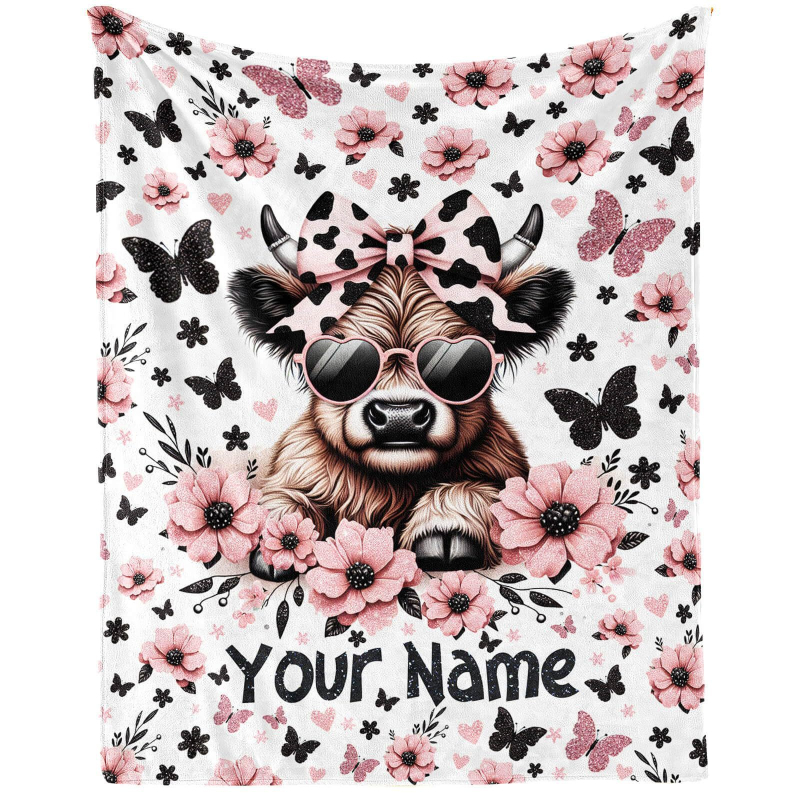 Highland tehén témájú flanel pléd, Cartoon mintázat, Tavasz–Ősz, 2–4% zsugorodás