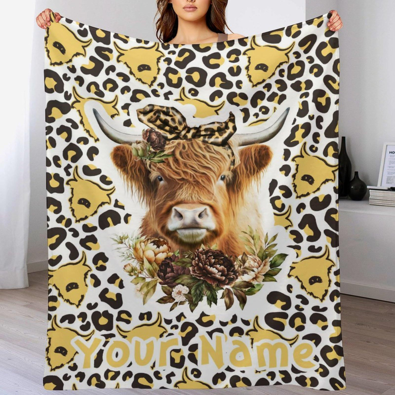 Highland tehén témájú flanel pléd, Cartoon mintázat, Tavasz–Ősz, 2–4% zsugorodás