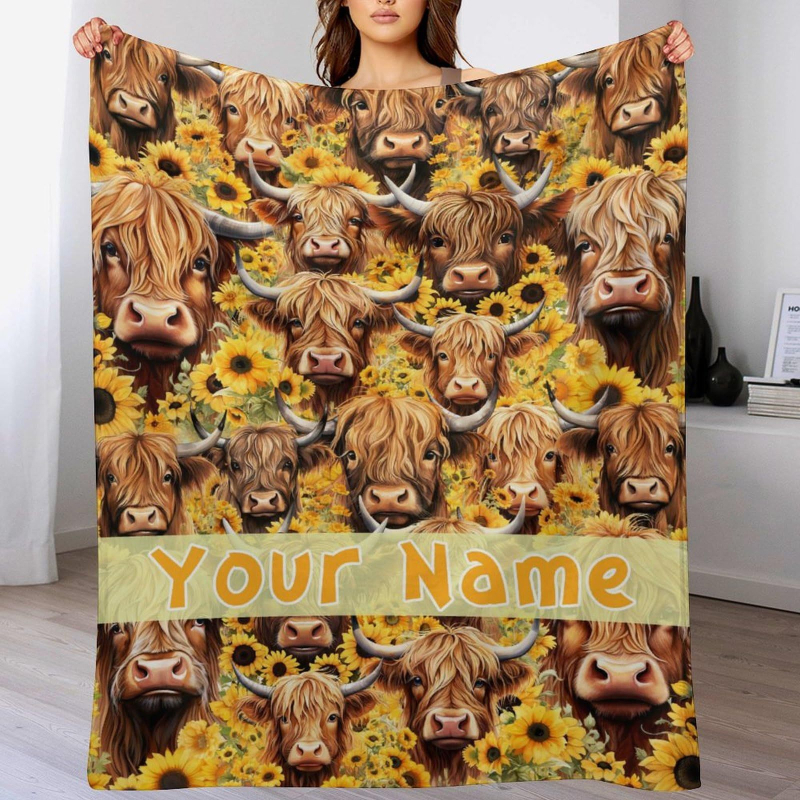 Highland tehén témájú flanel pléd, Cartoon mintázat, Tavasz–Ősz, 2–4% zsugorodás