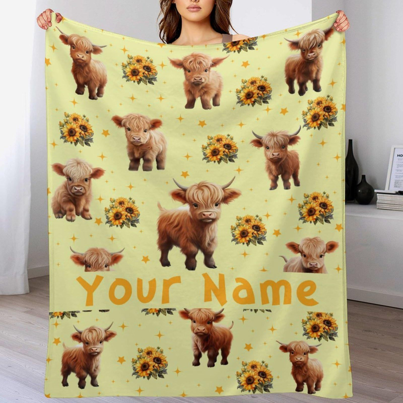 Highland tehén témájú flanel pléd, Cartoon mintázat, Tavasz–Ősz, 2–4% zsugorodás