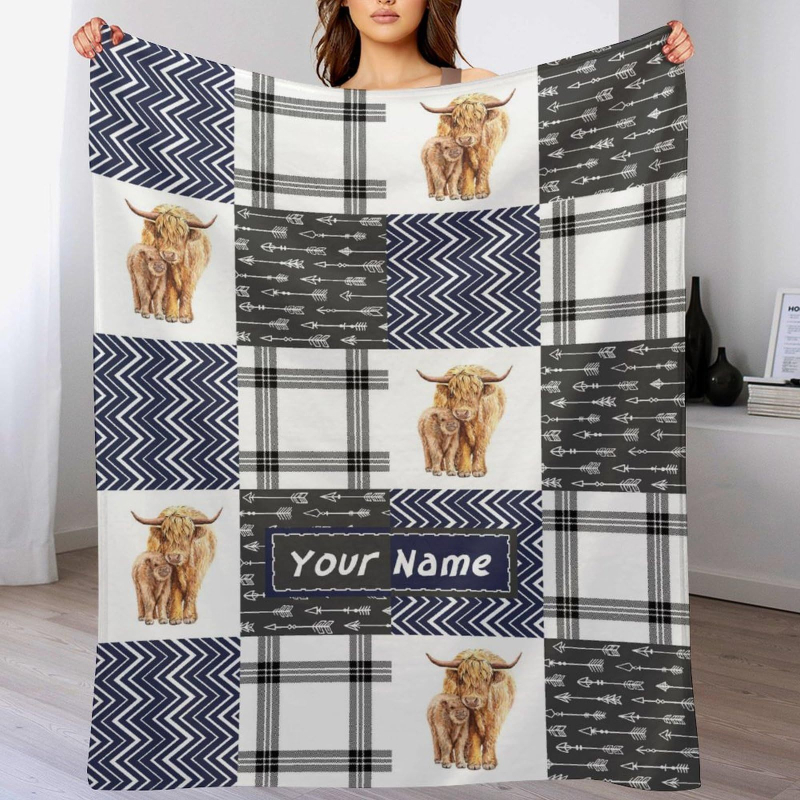 Highland tehén témájú flanel pléd, Cartoon mintázat, Tavasz–Ősz, 2–4% zsugorodás