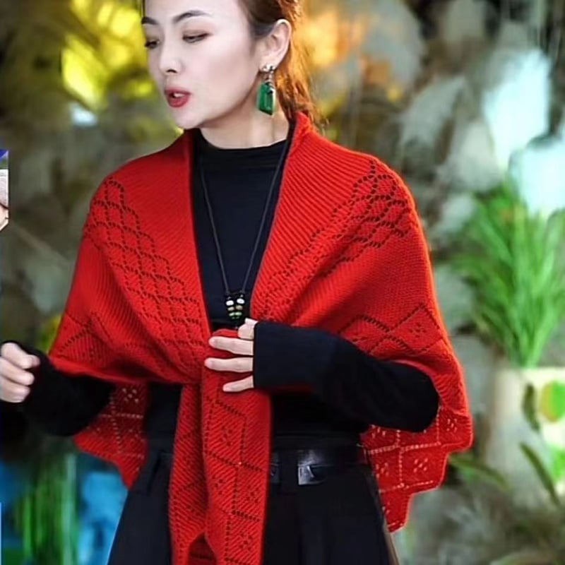 Πλεκτό σάλι με κενά διαμάντια σε τρίγωνο σχήμα, συνθετικό κασμίρ, ζακάρντ επεξεργασία, κατάλληλο για καλοκαίρι, άνοιξη και φθινόπωρο