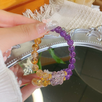 Természetes citrin kristályból készült karkötő, kézzel készített, geometriai mintázat, 21 gyöngy