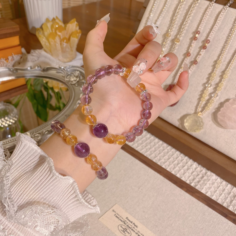 Természetes citrin kristályból készült karkötő, kézzel készített, geometriai mintázat, 21 gyöngy