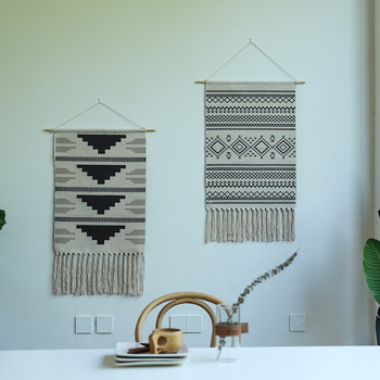 Μοντέρνο υφαντό τοίχου από λινό, χειροποίητο, γεωμετρικό αφηρημένο μοτίβο, ορθογώνιο σχήμα