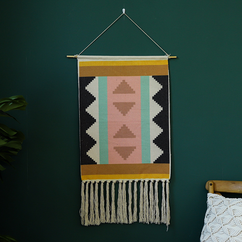 Μοντέρνο υφαντό τοίχου από λινό, χειροποίητο, γεωμετρικό αφηρημένο μοτίβο, ορθογώνιο σχήμα